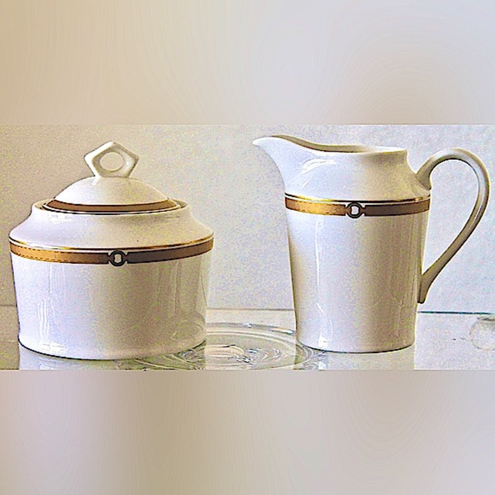 RALPH LAUREN HARNESS CREAMER & SUGAR BOWL SET GOLD BAND LINK